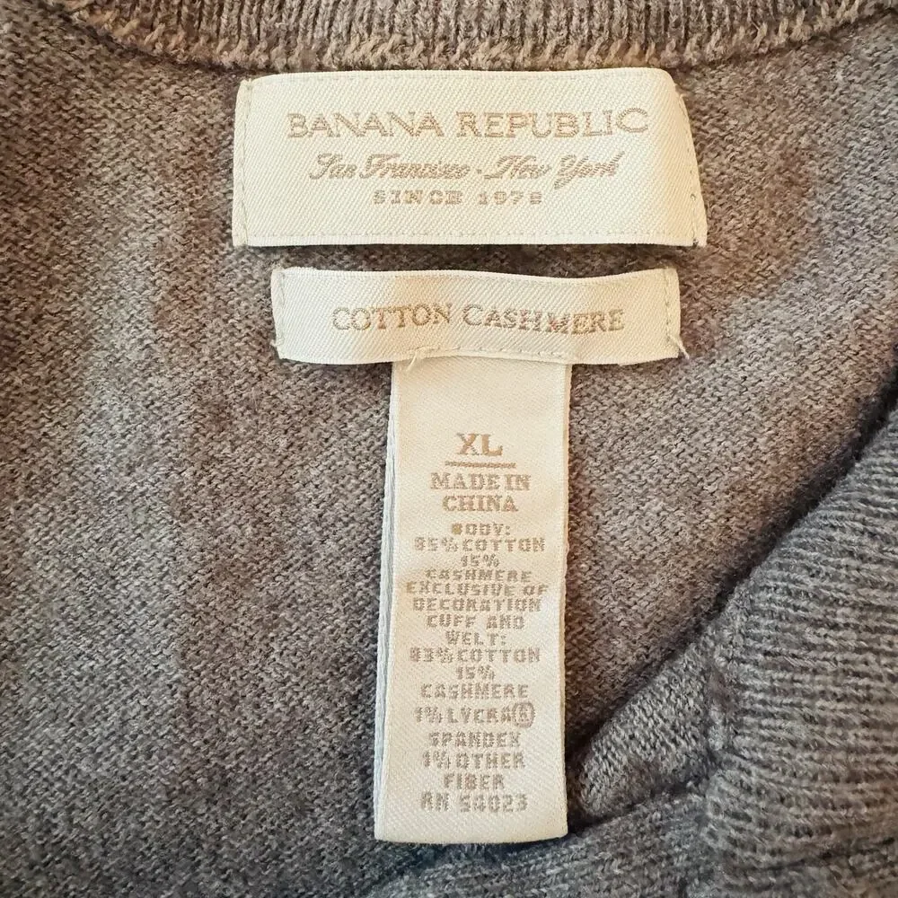 Banana Republic Cotton Cashmere Sweater Men XL Gray Leather Elbow Patch Full Zip